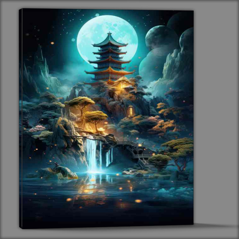 Buy Canvas : (Yujihime full moon tower with waterfall cascading)