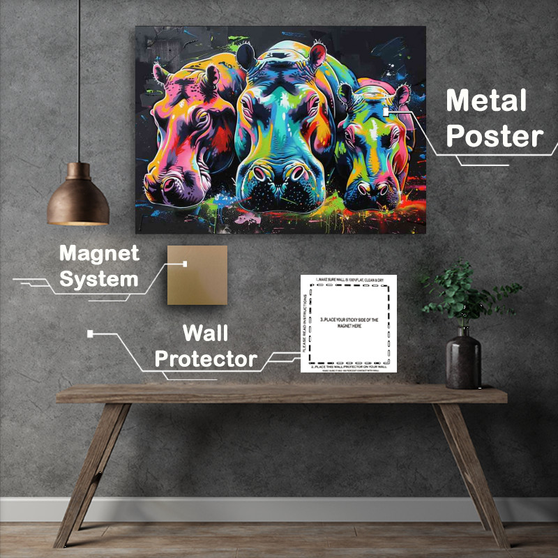 Buy Metal Poster : (Colorful hippopotamus family graffiti)
