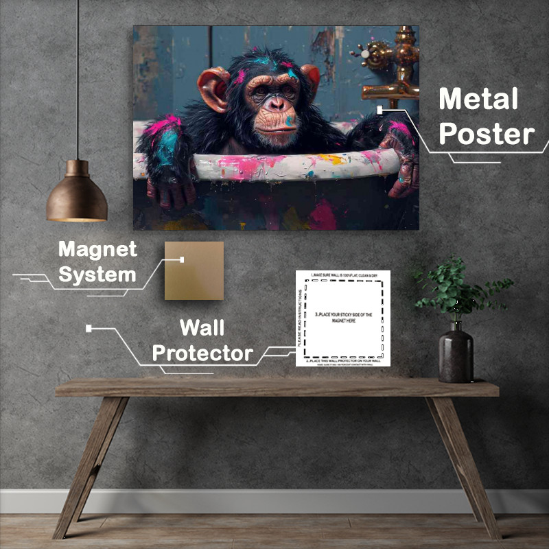 Buy Metal Poster : (Colorful paint splattered monkey is sitting in the bath)