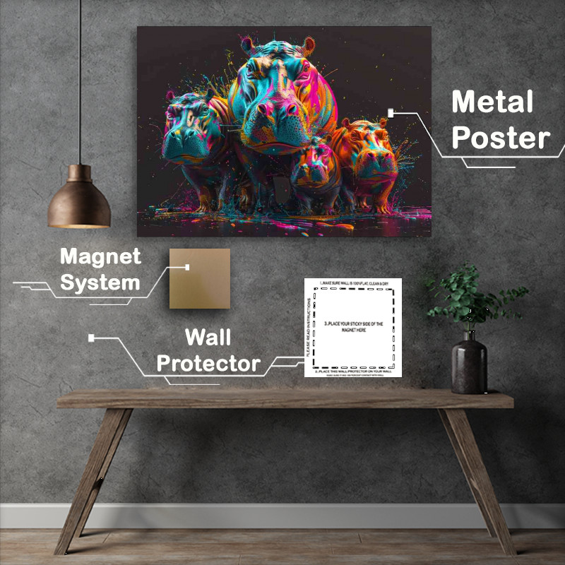 Buy Metal Poster : (Colorful splash art of a hippo family)