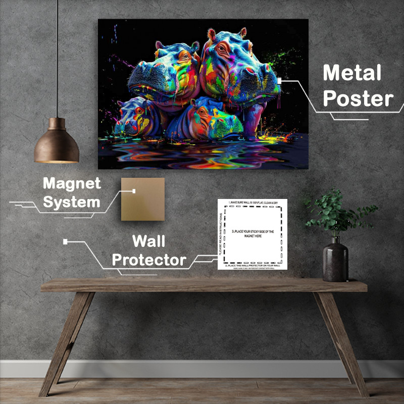 Buy Metal Poster : (Colorful splash hippo family In water)