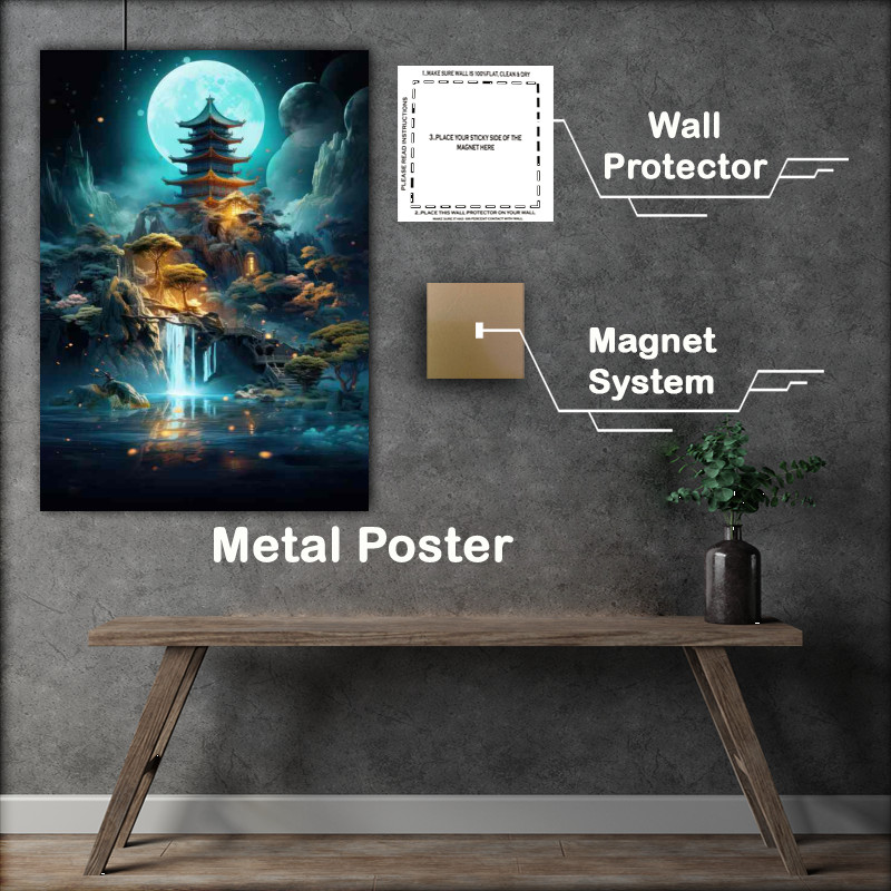 Buy Metal Poster : (Yujihime full moon tower with waterfall cascading)