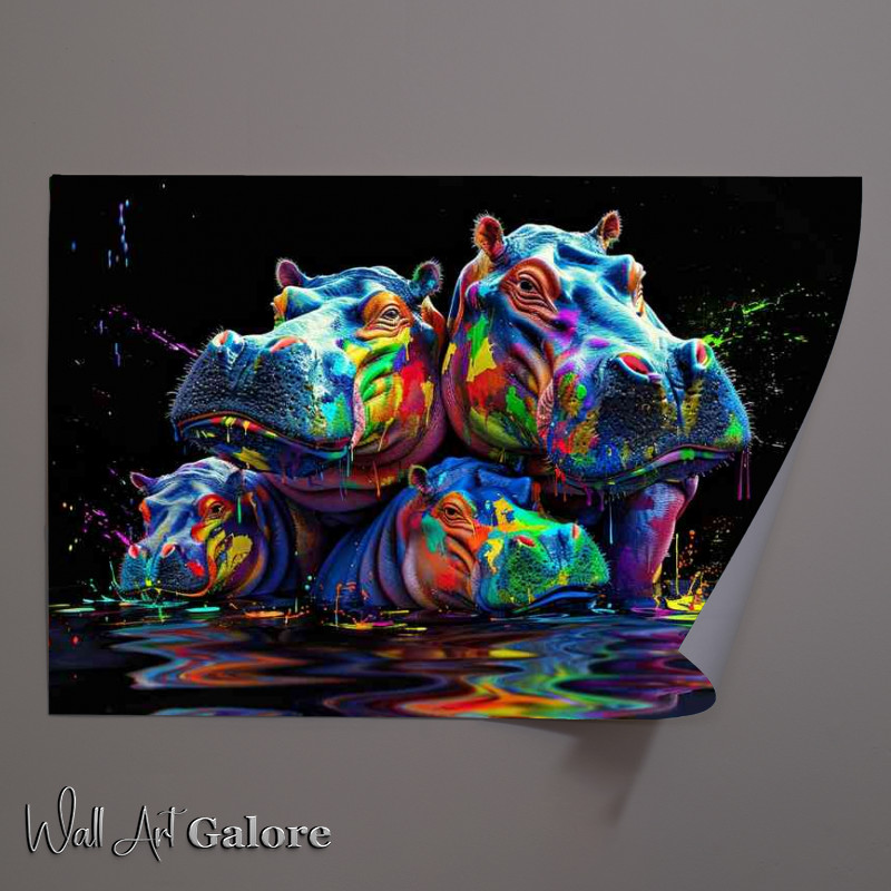 Buy Unframed Poster : (Colorful splash hippo family In water)