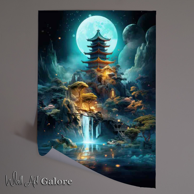 Buy Unframed Poster : (Yujihime full moon tower with waterfall cascading)
