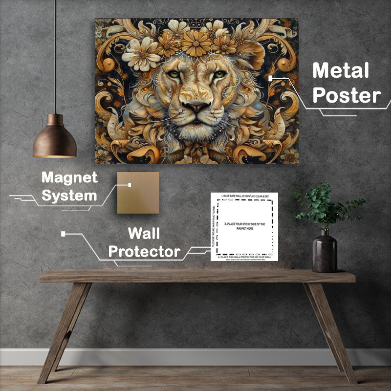 Buy Metal Poster : (Details of a Lion with a flowery crown)