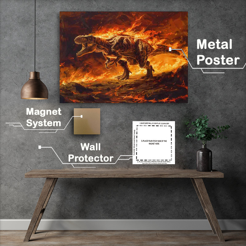 Buy Metal Poster : (Dinosaur standing in the middle of fire)