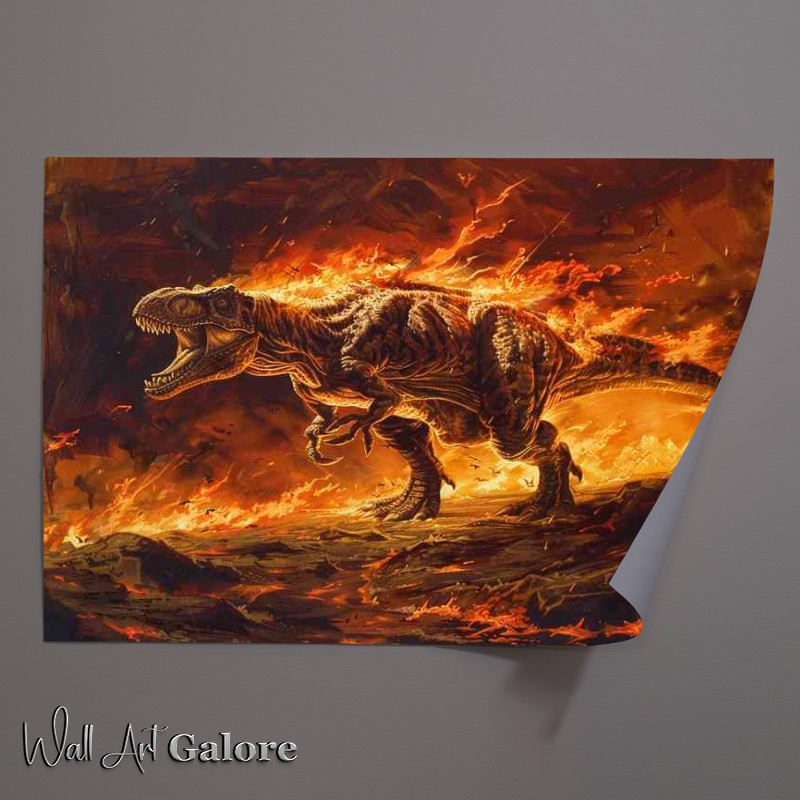 Buy Unframed Poster : (Dinosaur standing in the middle of fire)