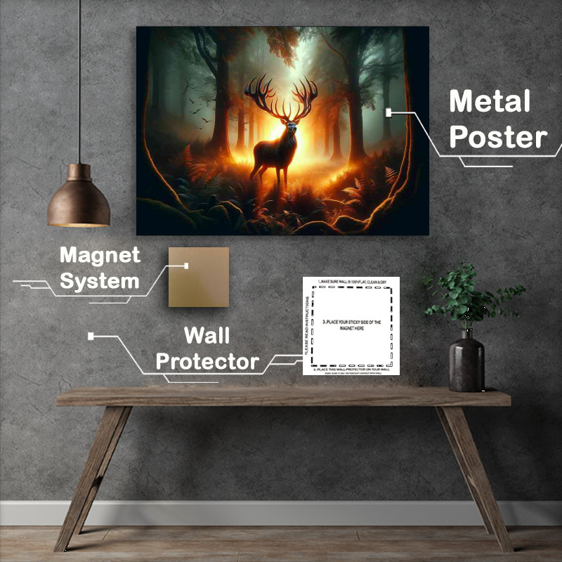 Buy Metal Poster : (Elegant Stag its antlers glowing like forged steel in a forge)