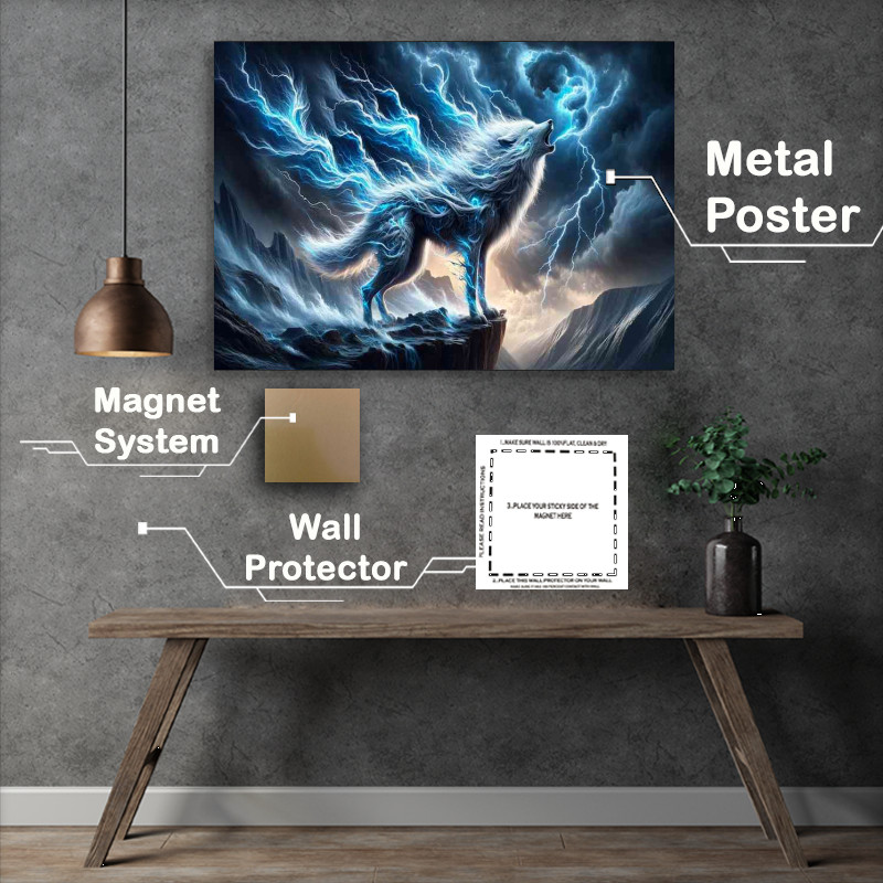 Buy Metal Poster : (Fierce Wolf its fur a storm of swirling wind and crackling lightning)