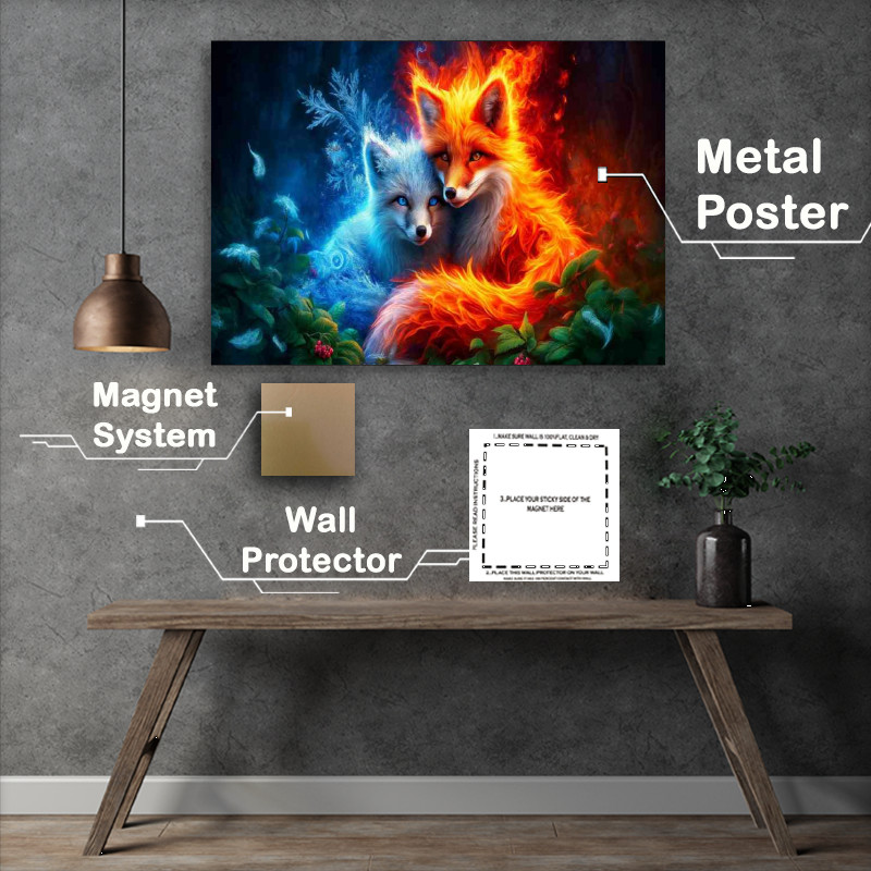 Buy Metal Poster : (Foxes one ablaze with fiery colors and the other cloaked in icy blues)