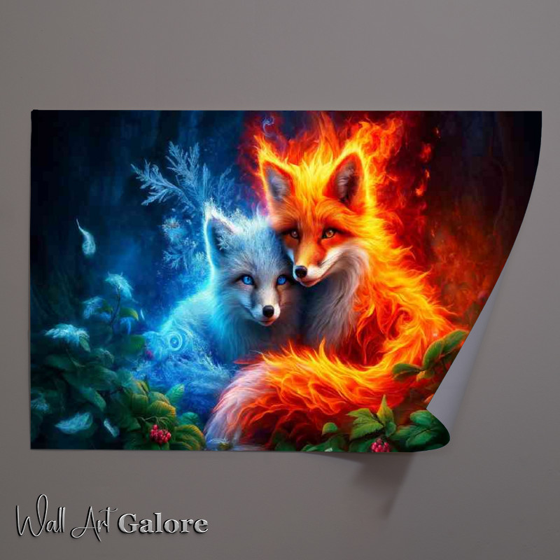 Buy Unframed Poster : (Foxes one ablaze with fiery colors and the other cloaked in icy blues)