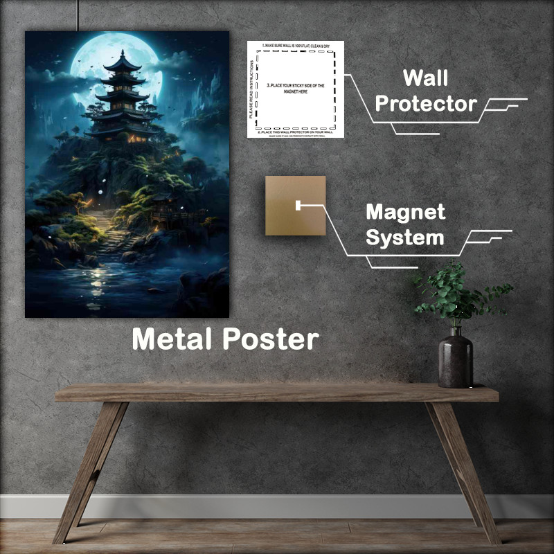 Buy : (Yujihime Full Moon Tower Waterfall Metal Poster)