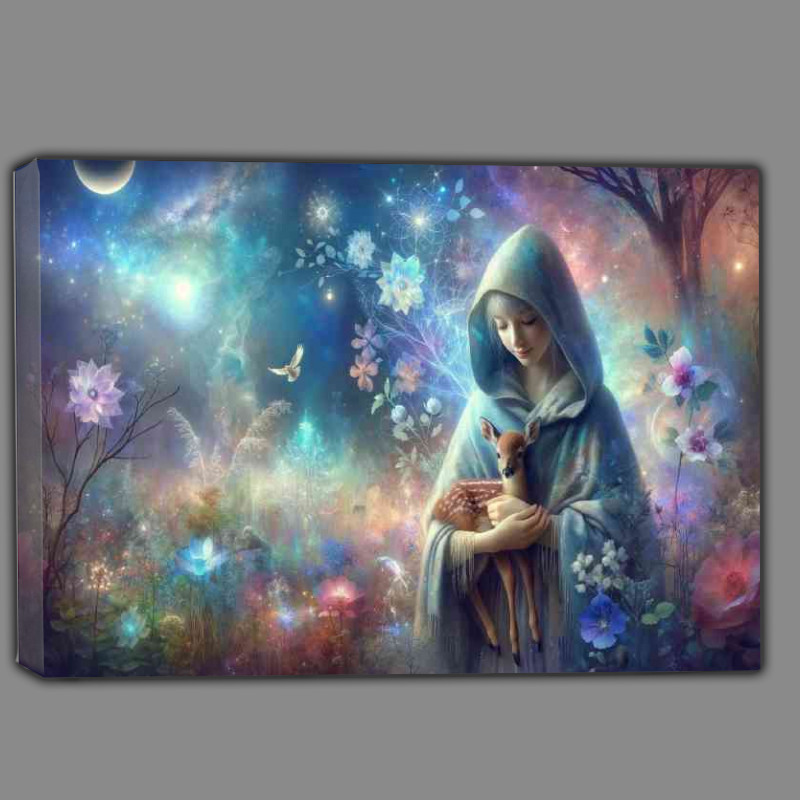 Buy Canvas : (Gentle smile soft blue cloak holding a small fawn)
