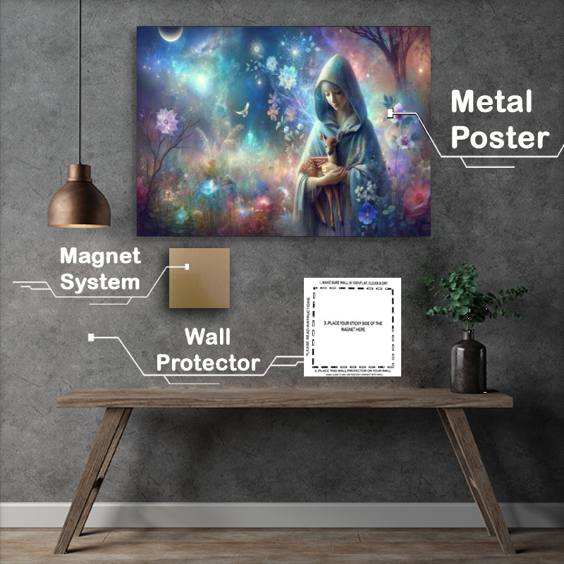 Buy Metal Poster : (Gentle smile soft blue cloak holding a small fawn)