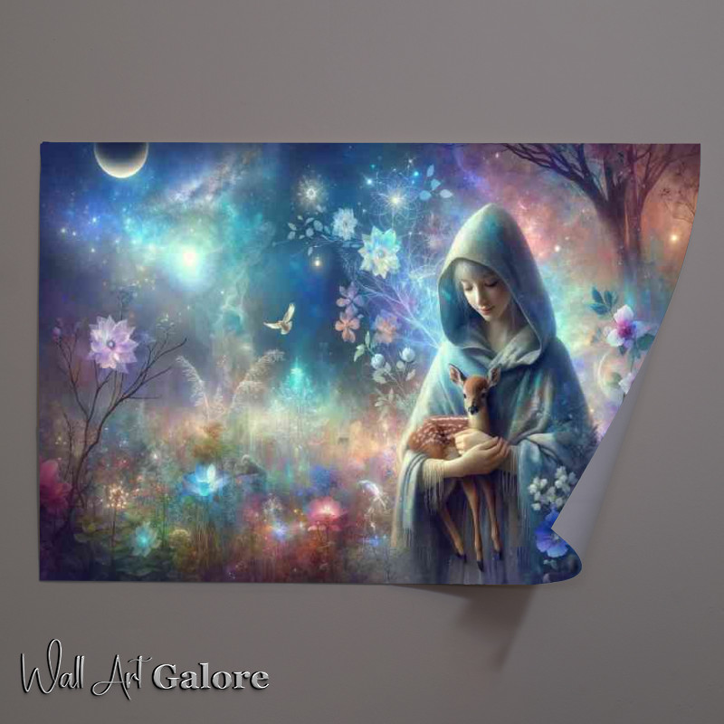 Buy Unframed Poster : (Gentle smile soft blue cloak holding a small fawn)