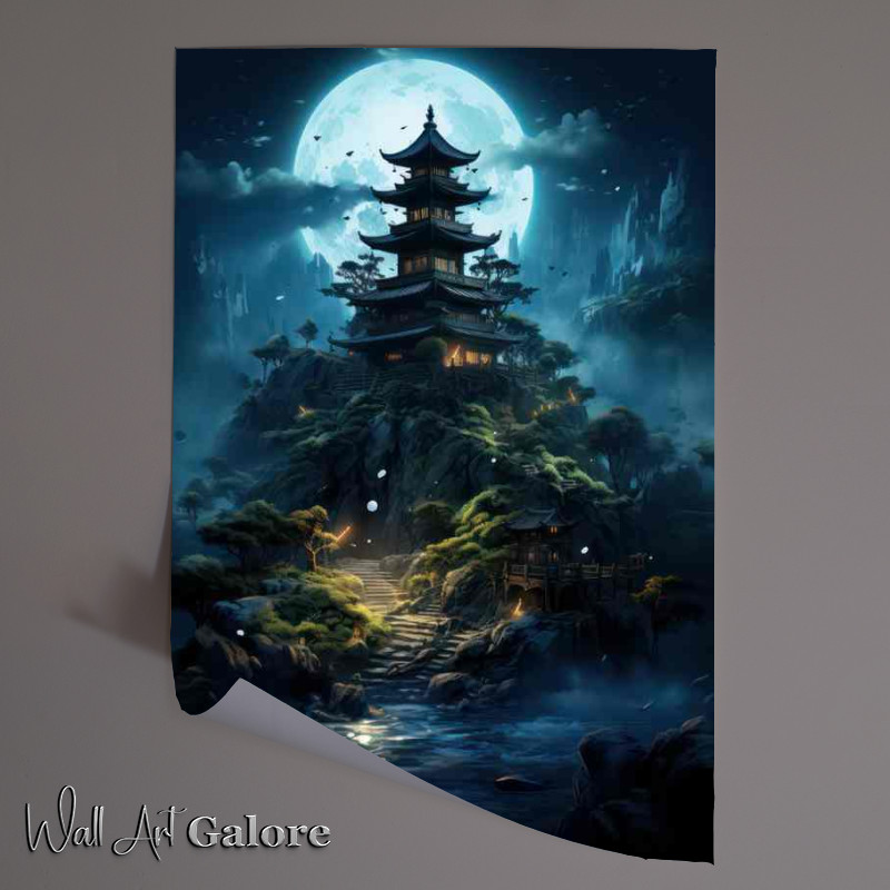 Buy : (Yujihime Full Moon Tower & Waterfall in the Evening Poster)