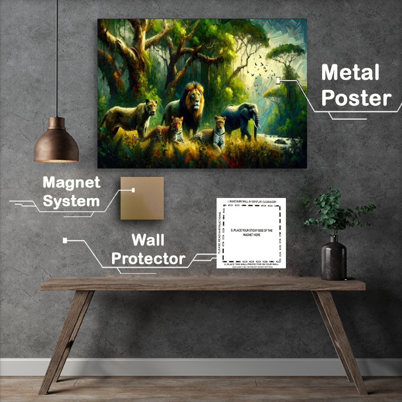 Buy Metal Poster : (Group of wild animals in a lush forest setting)