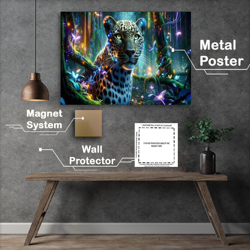 Buy Metal Poster : (Leopard set in a vibrant futuristic jungle)