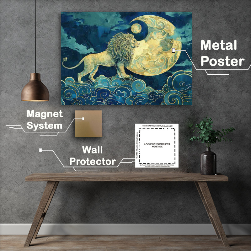 Buy Metal Poster : (Lion Standing with swirls and moon)