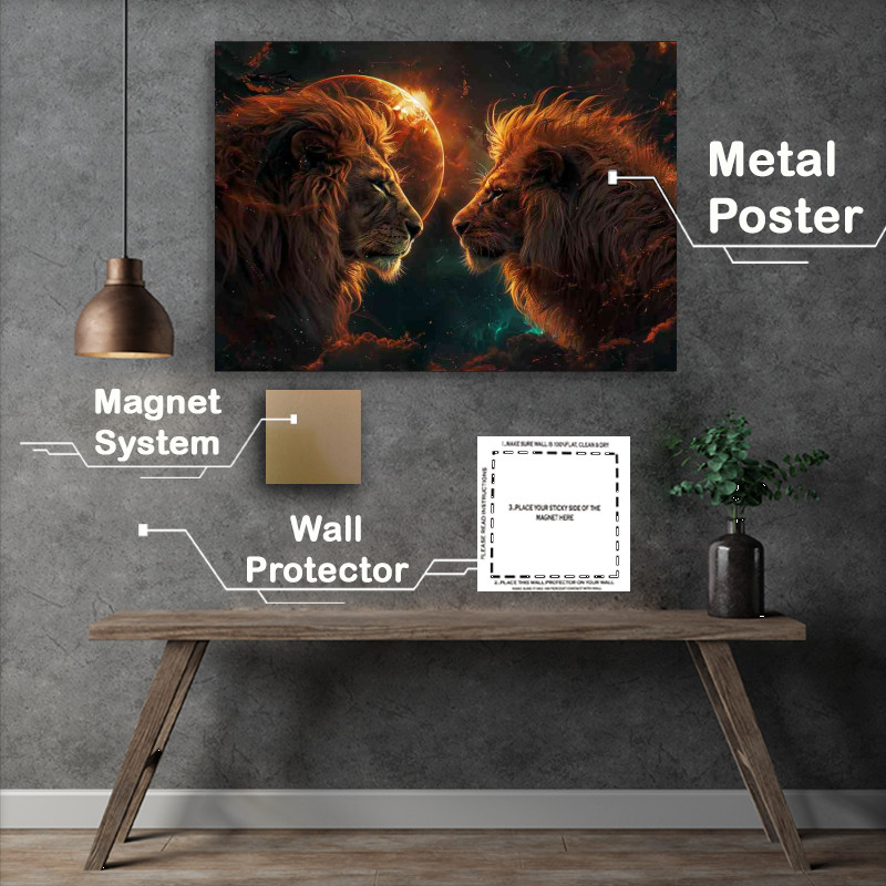 Buy Metal Poster : (Lions and a sun in the style of fantasy worlds)