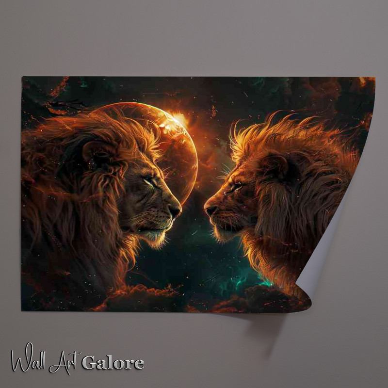 Buy Unframed Poster : (Lions and a sun in the style of fantasy worlds)