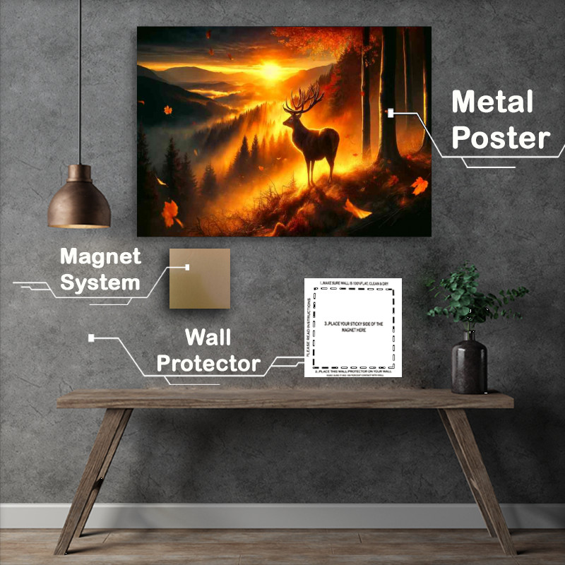 Buy Metal Poster : (Majestic stag its antlers aglow with golden light standing at the edge)