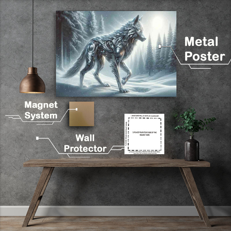 Buy Metal Poster : (Metallic Wolf its body intricately silver and graphite textures)