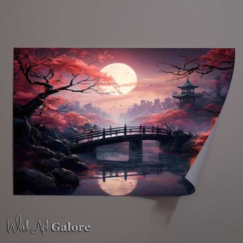 Buy Unframed Poster : (Ephemeral Blooms Over Eternal Waters Japanses inspired bridge)