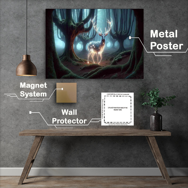 Buy Metal Poster : (Mystical Deer with glowing antlers standing in a misty woodland)