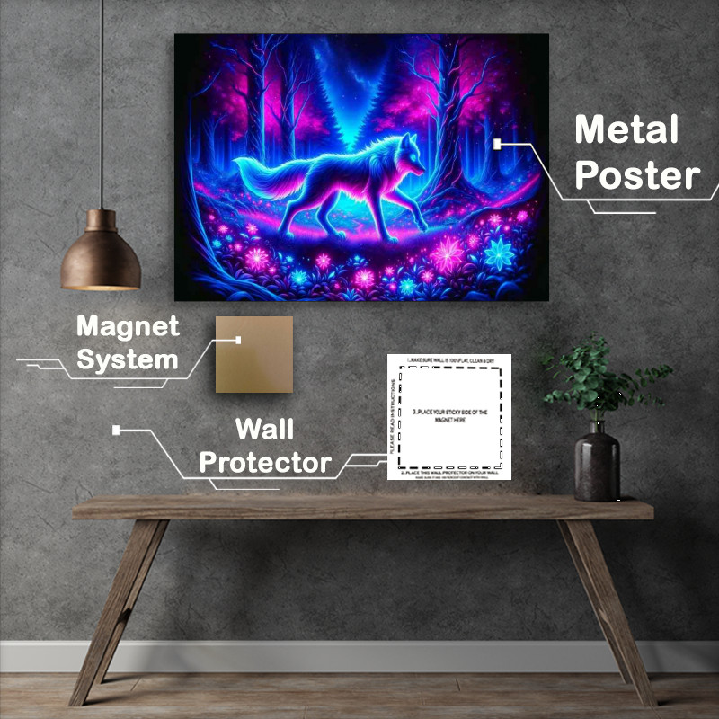 Buy Metal Poster : (Mystical neon wolf its fur outlined in glowing blue)
