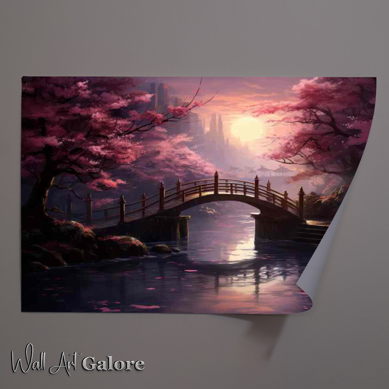Buy Unframed Poster : (Japanses bridge with Silent Steps Across Lakes and Petals)