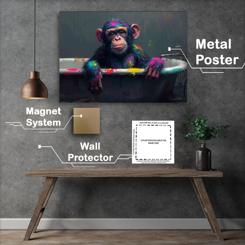 Buy Metal Poster : (Paint splattered monkey is sitting in the bath)