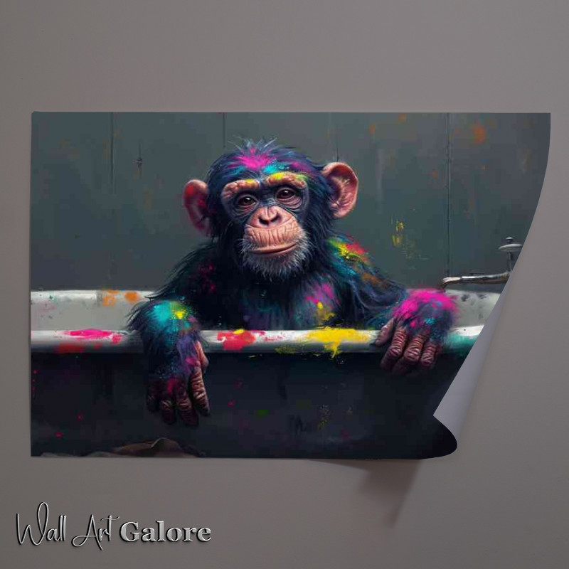 Buy Unframed Poster : (Paint splattered monkey is sitting in the bath)