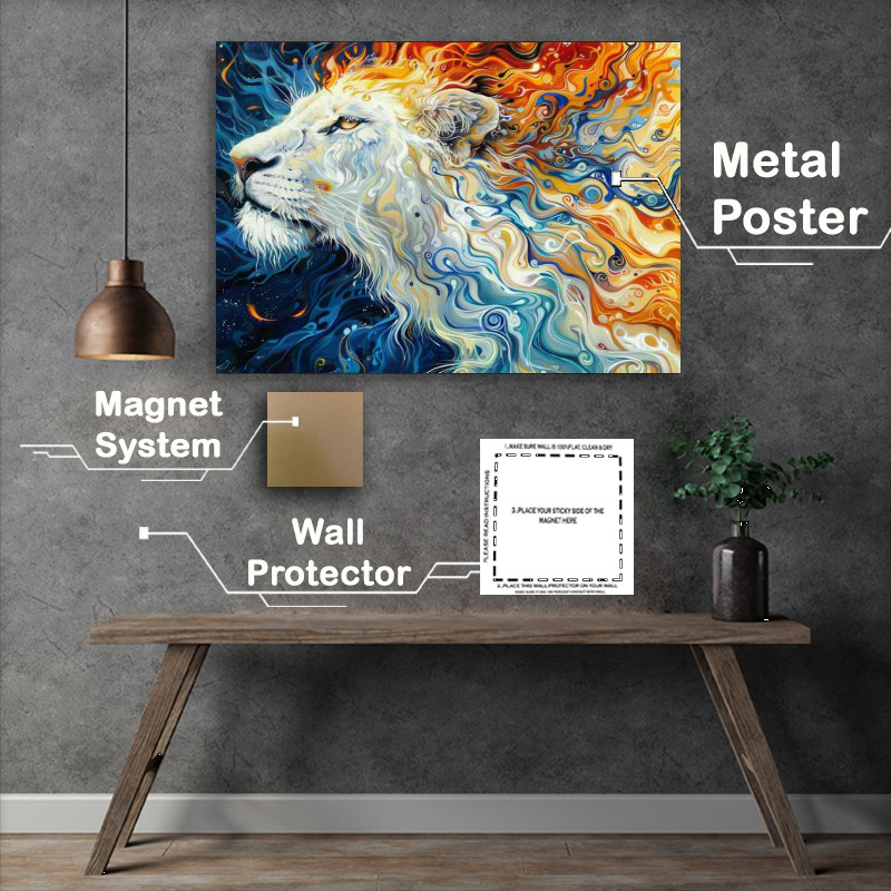 Buy Metal Poster : (Painting style of a white lion with fire around)