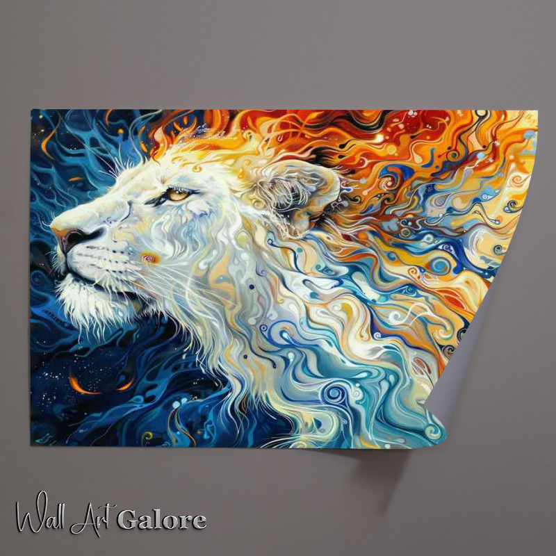 Buy Unframed Poster : (Painting style of a white lion with fire around)