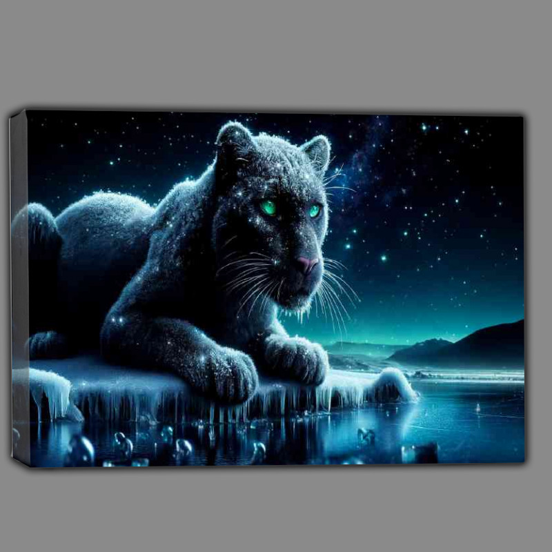 Buy Canvas : (Panther sparkling frost crouched on a frozen waterfall)