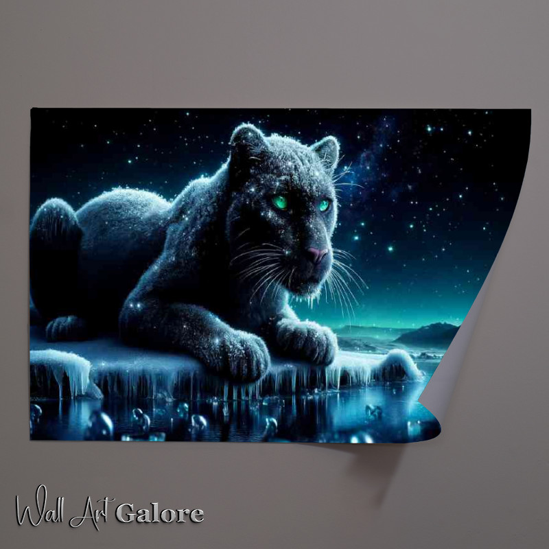 Buy Unframed Poster : (Panther sparkling frost crouched on a frozen waterfall)