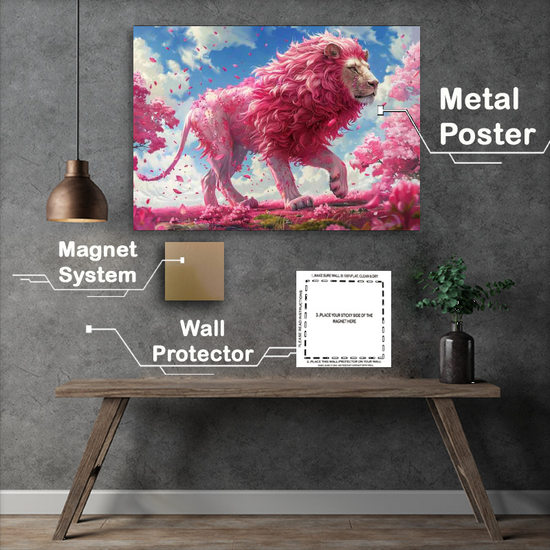 Buy Metal Poster : (Pink blooming leaves and a Pink Lion walking)