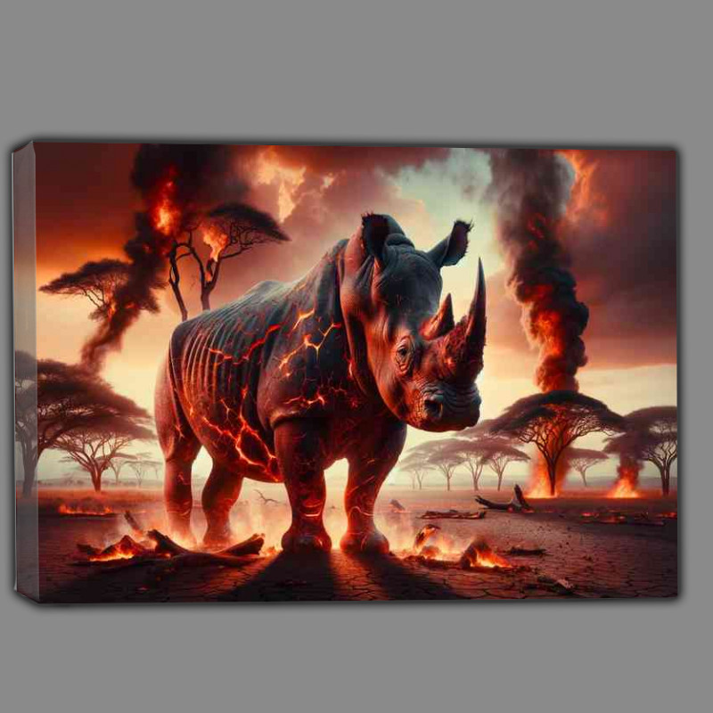Buy Canvas : (Powerful Rhinoceros its skin a tapestry of fiery lava cracks)