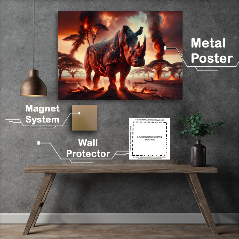 Buy Metal Poster : (Powerful Rhinoceros its skin a tapestry of fiery lava cracks)