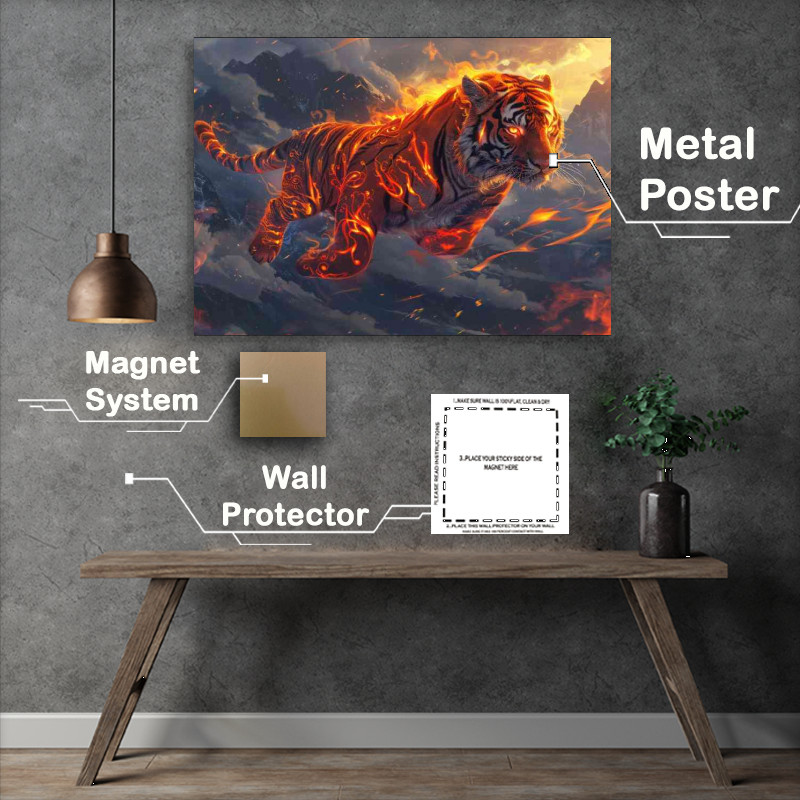 Buy Metal Poster : (Red Tiger with orange and black flames intricate)