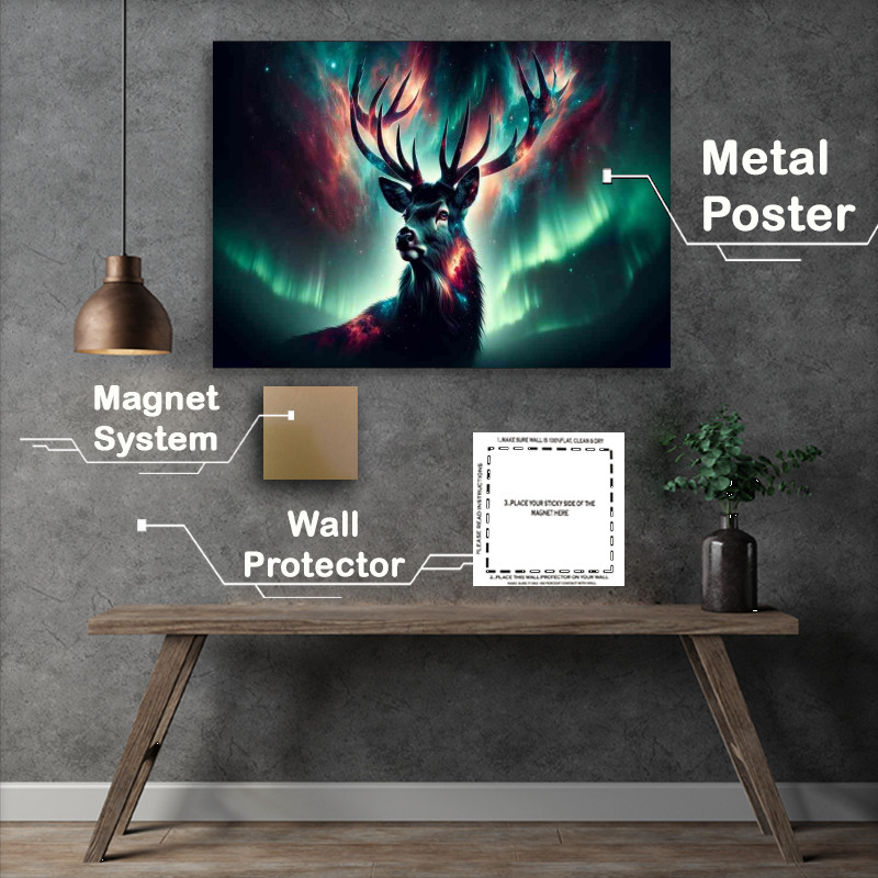 Buy Metal Poster : (Regal Deer its fur and antlers an interstellar display of cosmic energy)