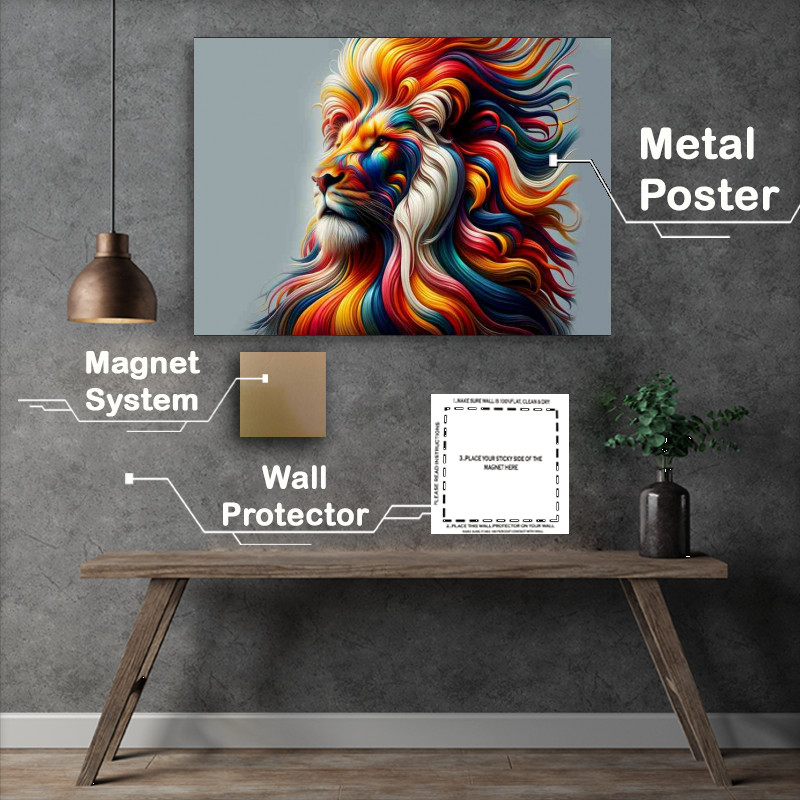 Buy Metal Poster : (Regal lion whose mane is composed of flowing multicolor)