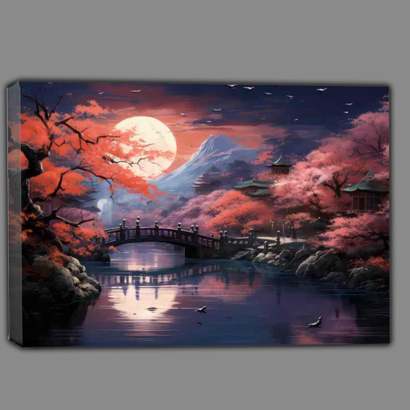 Buy Canvas : (Lakeside Legends Bridges Amidst Blossoms)