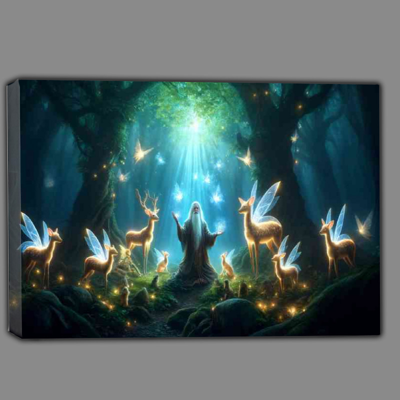 Buy Canvas : (Sage surrounded by magical creatures in an enchanted forest)