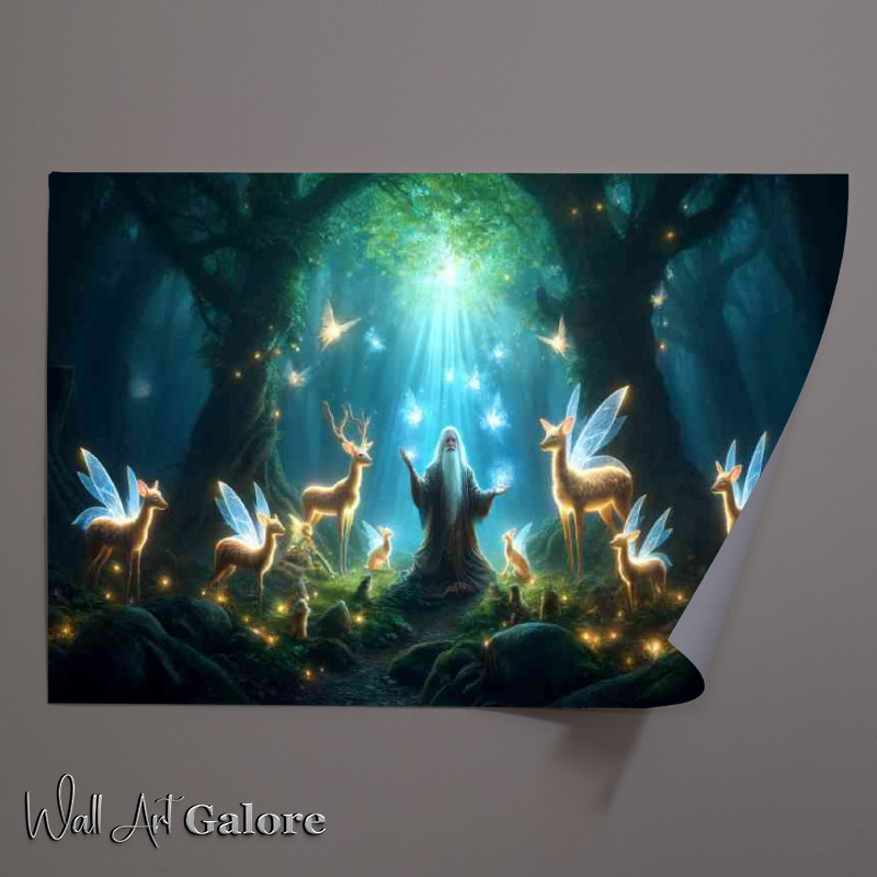 Buy Unframed Poster : (Sage surrounded by magical creatures in an enchanted forest)