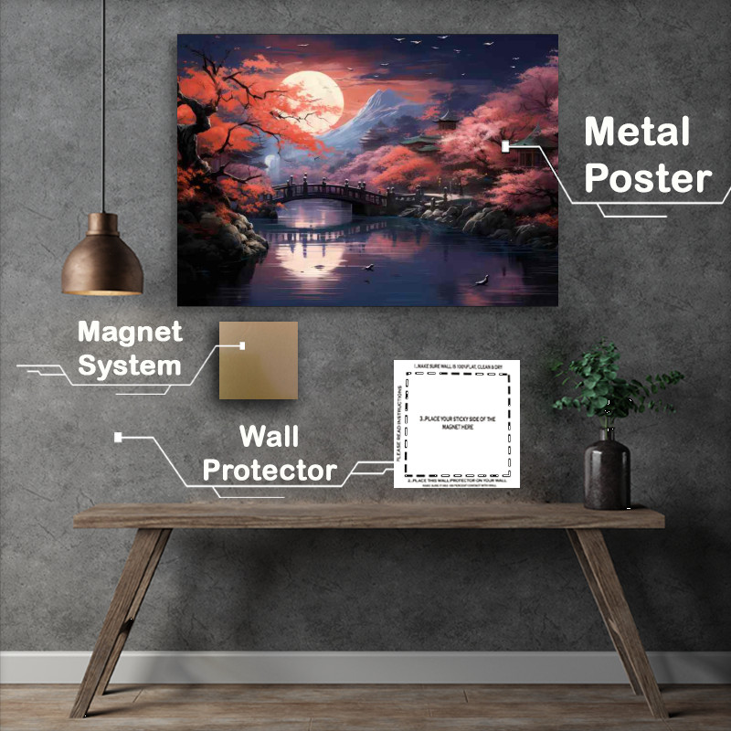 Buy Metal Poster : (Lakeside Legends Bridges Amidst Blossoms)