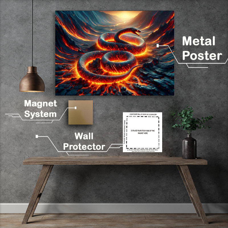 Buy Metal Poster : (Serpent made of flowing lava a charred volcanic landscape)