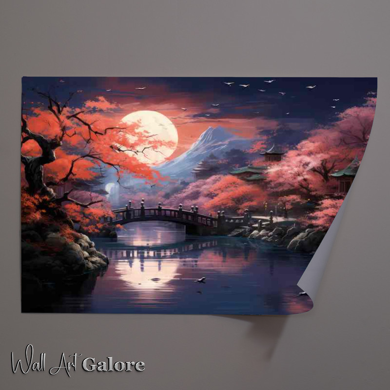 Buy Unframed Poster : (Lakeside Legends Bridges Amidst Blossoms)