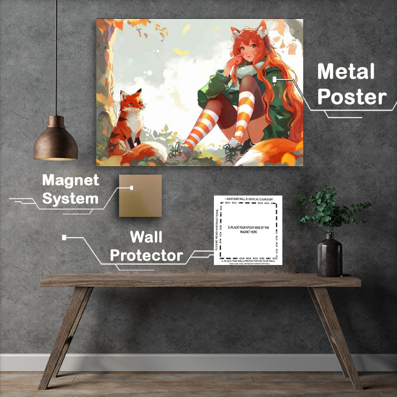 Buy Metal Poster : (The foxes and the red haired girl on the ground)